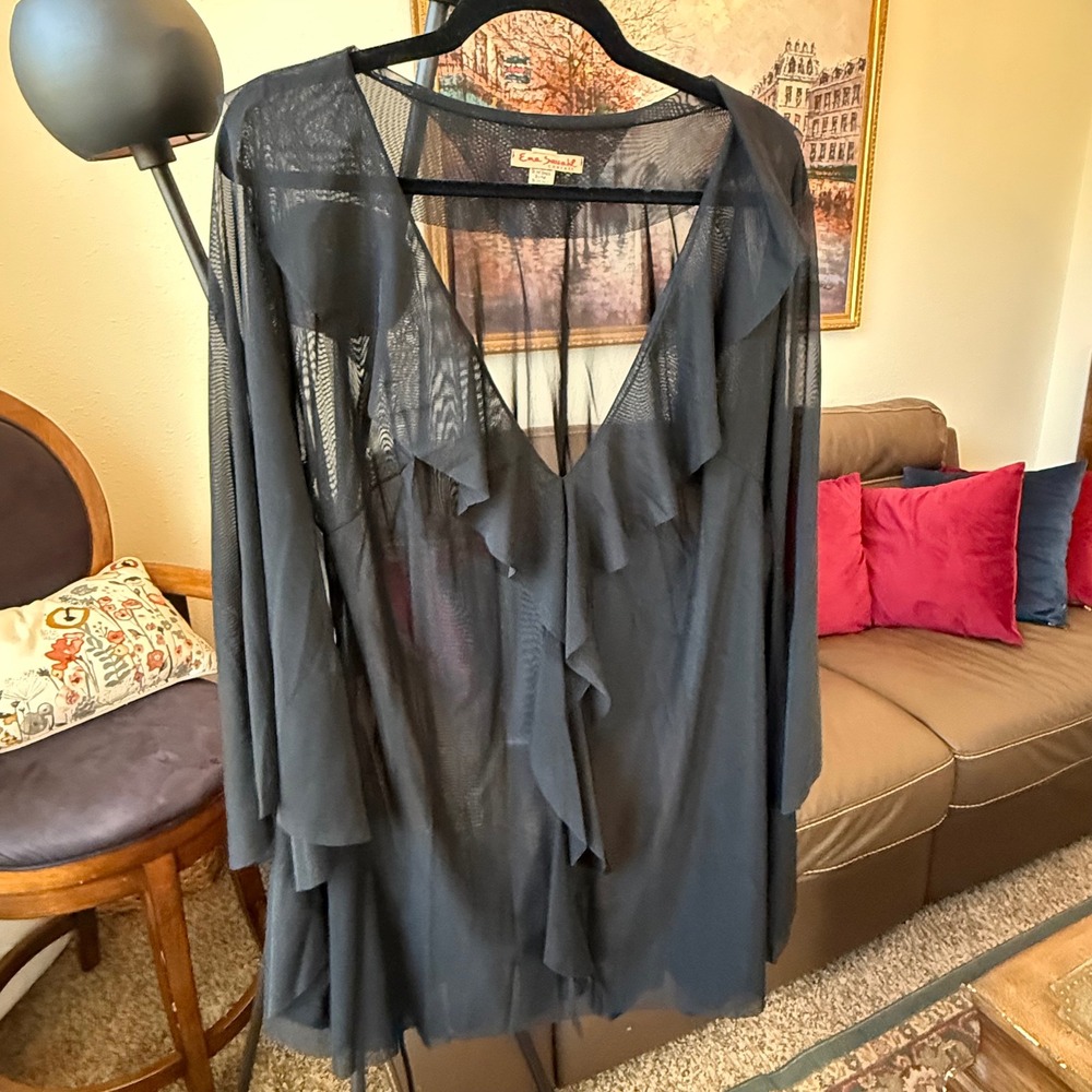 VTG Ema Savahl Couture Black Sheer Mesh Ruffle Cardigan Open Side BellSleeve O/S